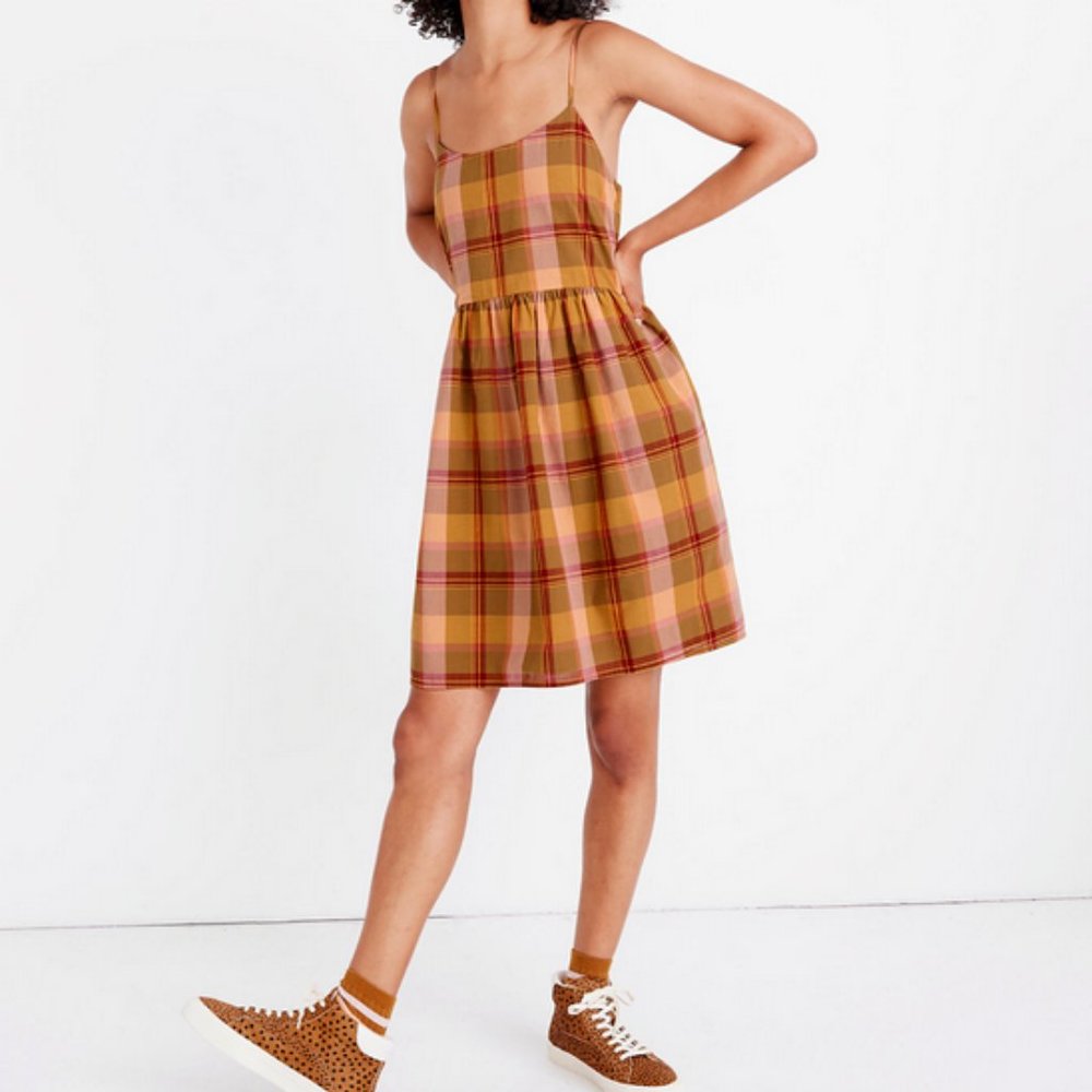 MADEWELL MULTI-COLOR SLEEVELESS PLAID BABYDOLL CAMI DRESS